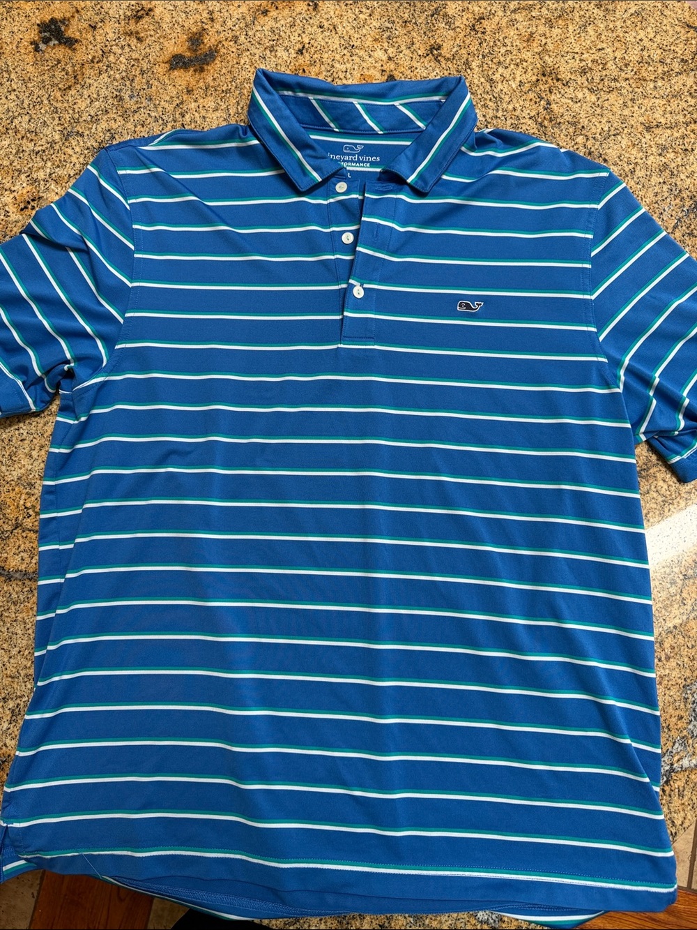 Vineyard Vines Blue Polo with White & Light Blue Stripes